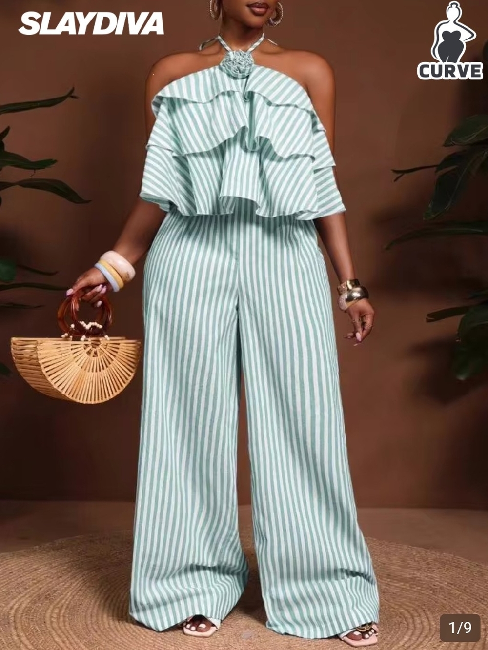 Curve Mint Green Striped Off-Shoulder Jumpsuit